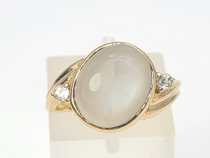 7060: Vintage: 9ct Gold Large White Moonstone Sapphire Accents Cocktail Ring- lovely colours