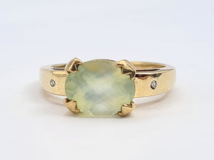 7108:  Vintage: 9ct Gold Mint Green Fluorite Diamonds Dress Ring- nice weight, lovely hues