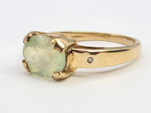 7108:  Vintage: 9ct Gold Mint Green Fluorite Diamonds Dress Ring- nice weight, lovely hues