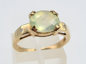 7108:  Vintage: 9ct Gold Mint Green Fluorite Diamonds Dress Ring- nice weight, lovely hues