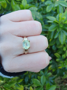 7108:  Vintage: 9ct Gold Mint Green Fluorite Diamonds Dress Ring- nice weight, lovely hues