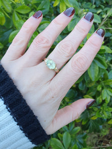 7108:  Vintage: 9ct Gold Mint Green Fluorite Diamonds Dress Ring- nice weight, lovely hues