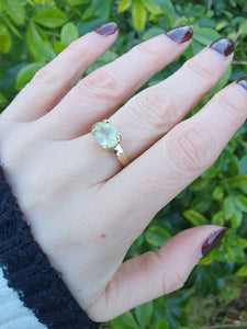 7108:  Vintage: 9ct Gold Mint Green Fluorite Diamonds Dress Ring- nice weight, lovely hues