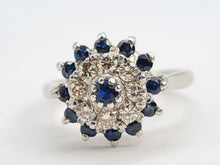 Load image into Gallery viewer, 7130:  Vintage: 18ct White Gold Sapphires 8 Diamonds Cluster Rin- sparkling, symmetrical, 51 years old
