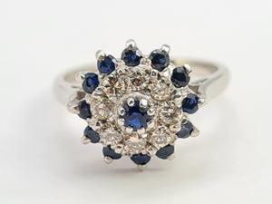 7130:  Vintage: 18ct White Gold Sapphires 8 Diamonds Cluster Rin- sparkling, symmetrical, 51 years old