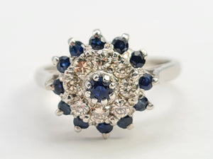 7130:  Vintage: 18ct White Gold Sapphires 8 Diamonds Cluster Rin- sparkling, symmetrical, 51 years old