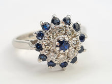 Load image into Gallery viewer, 7130:  Vintage: 18ct White Gold Sapphires 8 Diamonds Cluster Rin- sparkling, symmetrical, 51 years old
