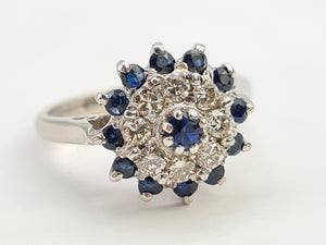 7130:  Vintage: 18ct White Gold Sapphires 8 Diamonds Cluster Rin- sparkling, symmetrical, 51 years old