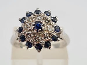 7130:  Vintage: 18ct White Gold Sapphires 8 Diamonds Cluster Rin- sparkling, symmetrical, 51 years old