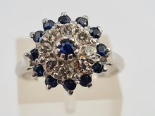 Load image into Gallery viewer, 7130:  Vintage: 18ct White Gold Sapphires 8 Diamonds Cluster Rin- sparkling, symmetrical, 51 years old
