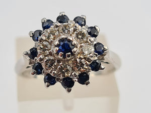 7130:  Vintage: 18ct White Gold Sapphires 8 Diamonds Cluster Rin- sparkling, symmetrical, 51 years old