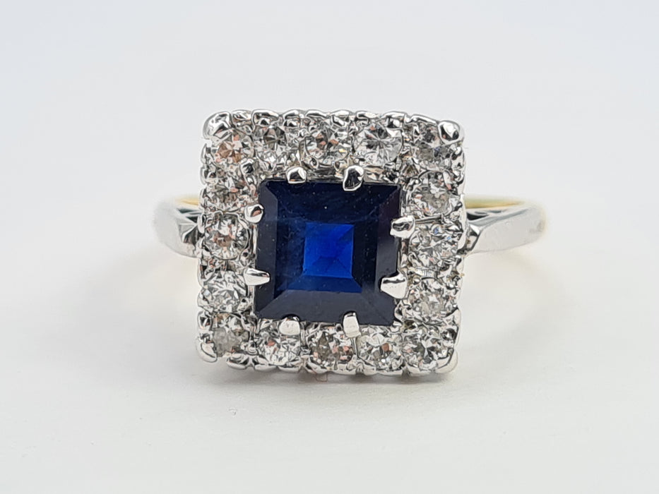 6053 Antique Art-Deco 18ct Gold Blue Sapphire Diamonds Square Set Cocktail Ring- Exquisite