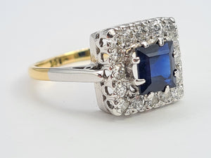 7205: Antique Art-deco 18ct Gold Blues Sapphire Diamonds Square Set Cocktail Ring- Exquisite