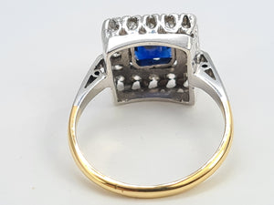 7205: Antique Art-deco 18ct Gold Blues Sapphire Diamonds Square Set Cocktail Ring- Exquisite