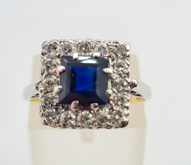 6053 Antique Art-Deco 18ct Gold Blue Sapphire Diamonds Square Set Cocktail Ring- Exquisite