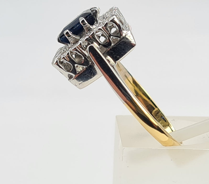 6053 Antique Art-Deco 18ct Gold Blue Sapphire Diamonds Square Set Cocktail Ring- Exquisite