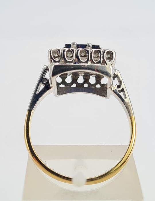 6053 Antique Art-Deco 18ct Gold Blue Sapphire Diamonds Square Set Cocktail Ring- Exquisite