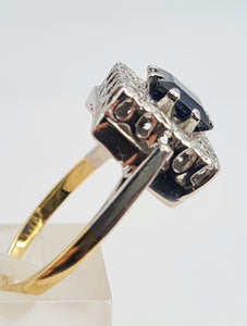 7205: Antique Art-deco 18ct Gold Blues Sapphire Diamonds Square Set Cocktail Ring- Exquisite