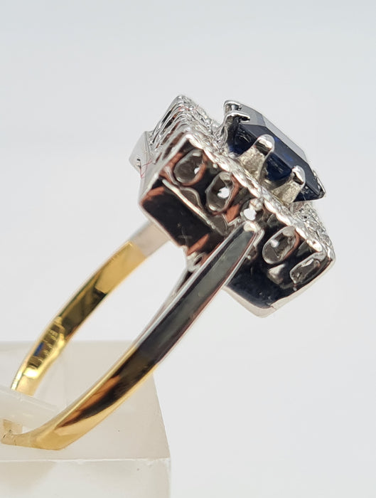 6053 Antique Art-Deco 18ct Gold Blue Sapphire Diamonds Square Set Cocktail Ring- Exquisite