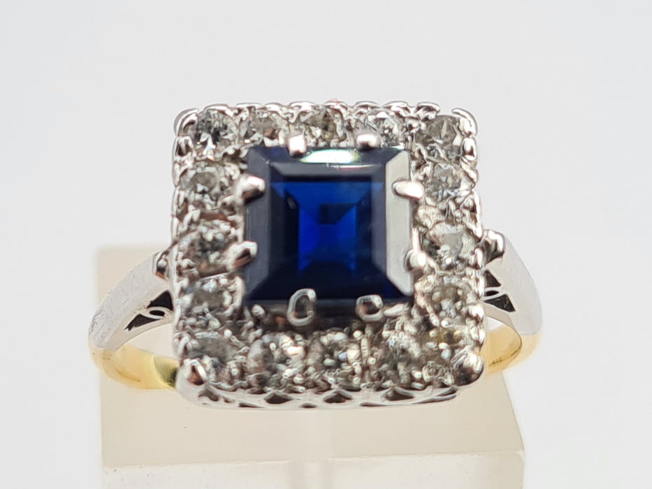 6053 Antique Art-Deco 18ct Gold Blue Sapphire Diamonds Square Set Cocktail Ring- Exquisite