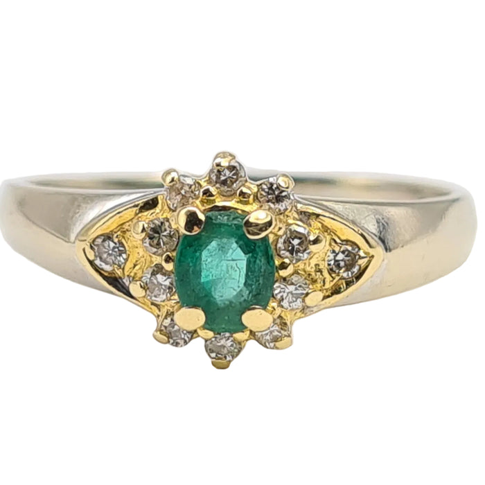 6044:Vintage 18ct Mixed Gold Emerald 12 Diamonds Dress Ring- Rare example