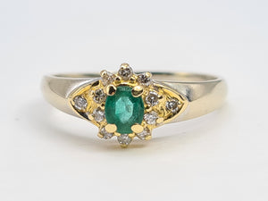 7134:Vintage & Old: 18ct Mixed Gold Emerald 12 Diamonds Dress Ring- Rare example