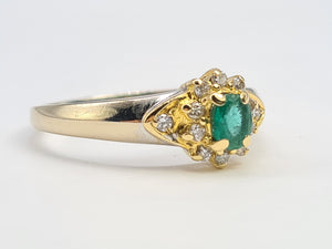 7134:Vintage & Old: 18ct Mixed Gold Emerald 12 Diamonds Dress Ring- Rare example