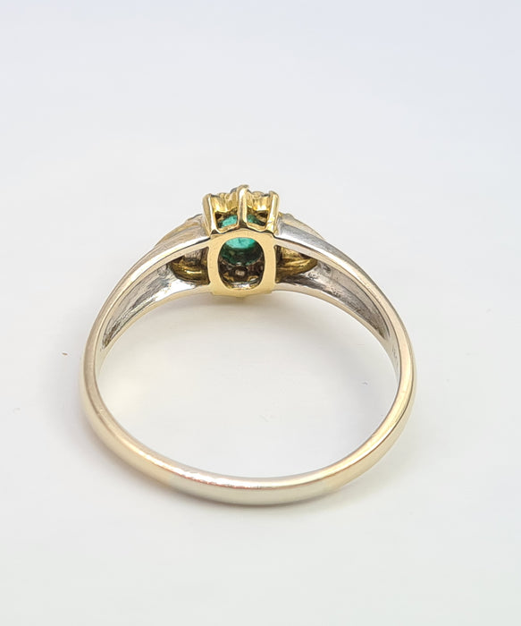 6044:Vintage 18ct Mixed Gold Emerald 12 Diamonds Dress Ring- Rare example