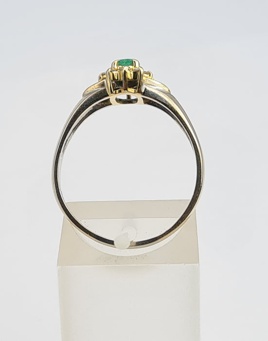 6044:Vintage 18ct Mixed Gold Emerald 12 Diamonds Dress Ring- Rare example