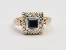 Cargar imagen en el visor de la galería, 6141: Vintage: 18ct Gold &amp; Platinum Art Deco Blue Sapphire 12 Natural Diamonds Panel Ring
