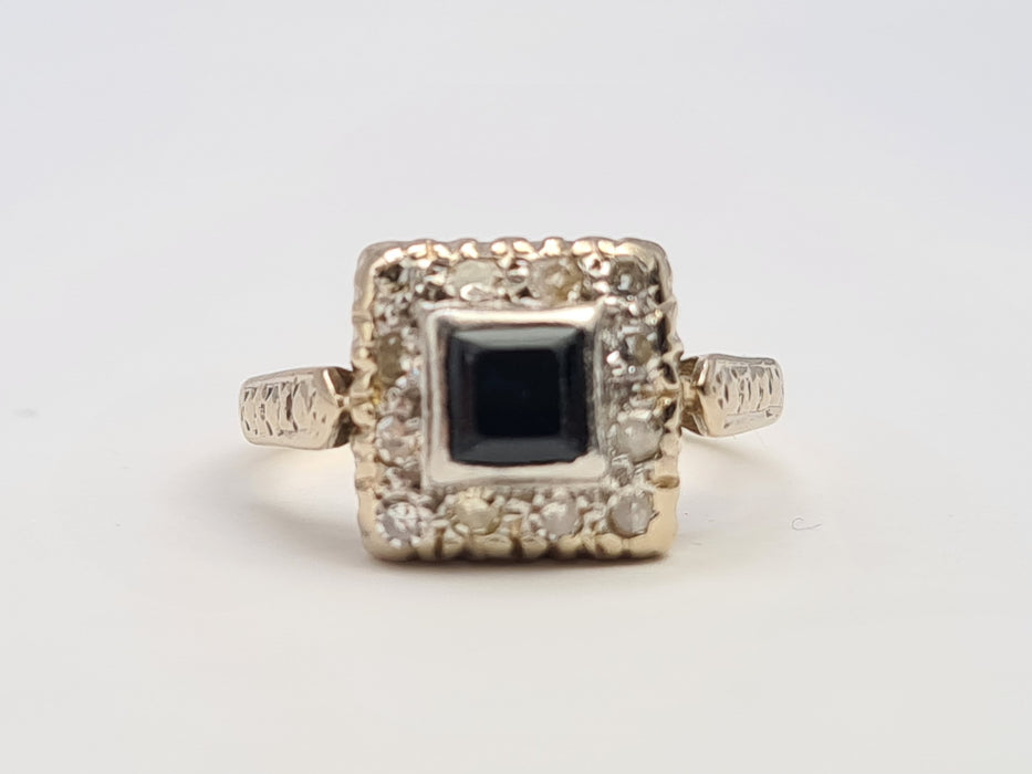 6429 Vintage: 18ct Gold & Platinum Art Deco Blue Sapphire 12 Natural Diamonds Panel Ring