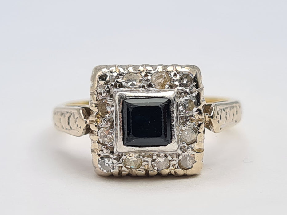 6429 Vintage: 18ct Gold & Platinum Art Deco Blue Sapphire 12 Natural Diamonds Panel Ring