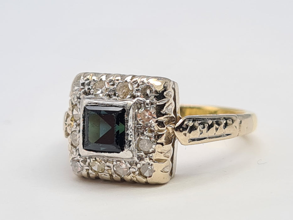 6429 Vintage: 18ct Gold & Platinum Art Deco Blue Sapphire 12 Natural Diamonds Panel Ring