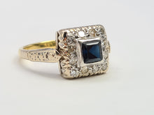 Cargar imagen en el visor de la galería, 6141: Vintage: 18ct Gold &amp; Platinum Art Deco Blue Sapphire 12 Natural Diamonds Panel Ring
