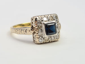6141: Vintage: 18ct Gold & Platinum Art Deco Blue Sapphire 12 Natural Diamonds Panel Ring