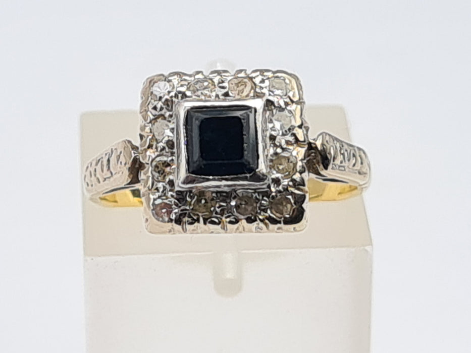 6429 Vintage: 18ct Gold & Platinum Art Deco Blue Sapphire 12 Natural Diamonds Panel Ring
