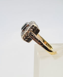 6141: Vintage: 18ct Gold & Platinum Art Deco Blue Sapphire 12 Natural Diamonds Panel Ring