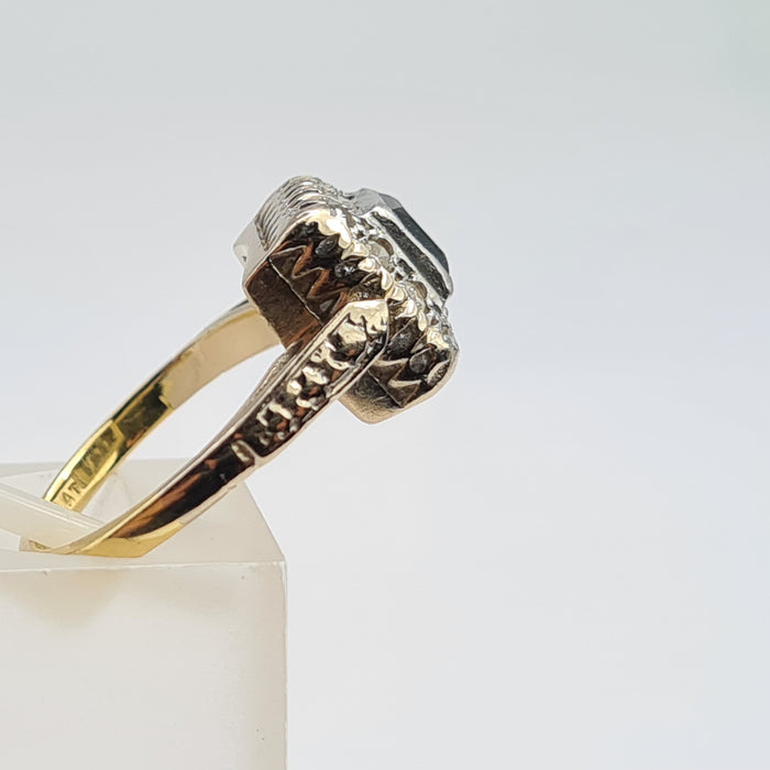 6429 Vintage: 18ct Gold & Platinum Art Deco Blue Sapphire 12 Natural Diamonds Panel Ring