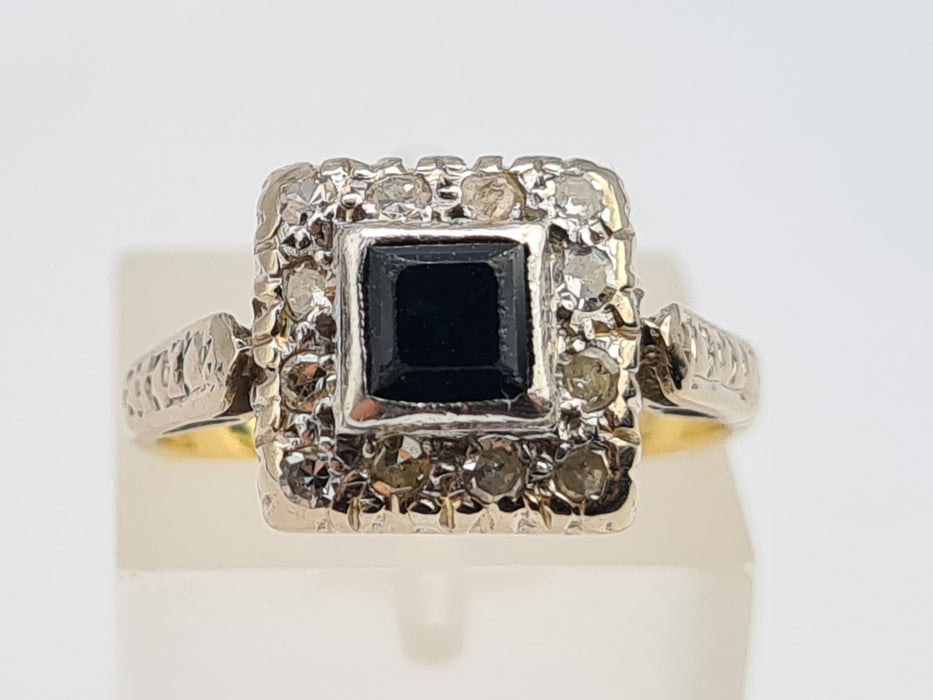 6429 Vintage: 18ct Gold & Platinum Art Deco Blue Sapphire 12 Natural Diamonds Panel Ring