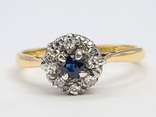 Load image into Gallery viewer, 0128: Vintage &amp; Old 18ct Gold Platinum Blue Sapphire Diamonds Daisy Ring-
