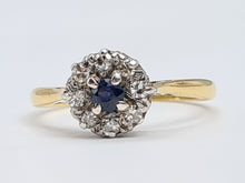 Load image into Gallery viewer, 0128: Vintage &amp; Old 18ct Gold Platinum Blue Sapphire Diamonds Daisy Ring-
