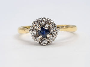 0128: Vintage & Old 18ct Gold Platinum Blue Sapphire Diamonds Daisy Ring-