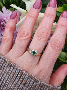 7134:Vintage & Old: 18ct Mixed Gold Emerald 12 Diamonds Dress Ring- Rare example