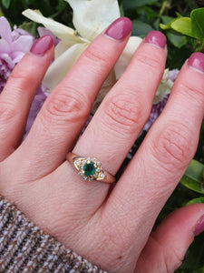 7134:Vintage & Old: 18ct Mixed Gold Emerald 12 Diamonds Dress Ring- Rare example