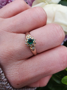 7134:Vintage & Old: 18ct Mixed Gold Emerald 12 Diamonds Dress Ring- Rare example