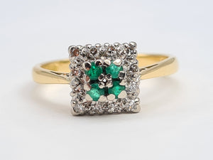 0119: Vintage: 18ct Gold Emerald Diamonds Art Deco Style Ring- Date Mark 1965