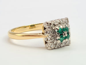 0119: Vintage: 18ct Gold Emerald Diamonds Art Deco Style Ring- Date Mark 1965