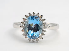 Load image into Gallery viewer, 7156:Vintage: 9ct White Gold Blue Aquamarine 20 Diamonds Halo Ring-gorgeous, sparkling combination
