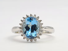 Load image into Gallery viewer, 7156:Vintage: 9ct White Gold Blue Aquamarine 20 Diamonds Halo Ring-gorgeous, sparkling combination
