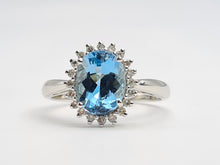 Load image into Gallery viewer, 7156:Vintage: 9ct White Gold Blue Aquamarine 20 Diamonds Halo Ring-gorgeous, sparkling combination
